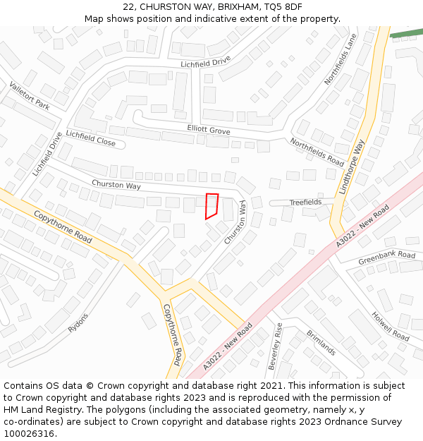 22, CHURSTON WAY, BRIXHAM, TQ5 8DF: Location map and indicative extent of plot