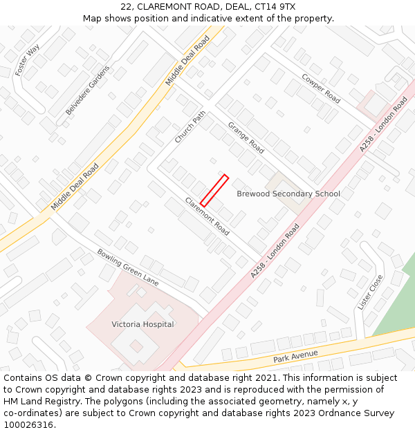 22, CLAREMONT ROAD, DEAL, CT14 9TX: Location map and indicative extent of plot