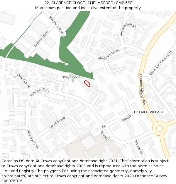 22, CLARENCE CLOSE, CHELMSFORD, CM2 6SE: Location map and indicative extent of plot