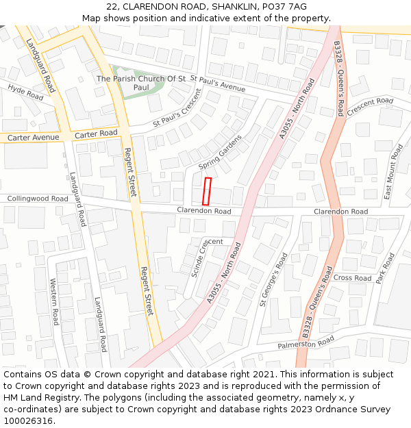 22, CLARENDON ROAD, SHANKLIN, PO37 7AG: Location map and indicative extent of plot