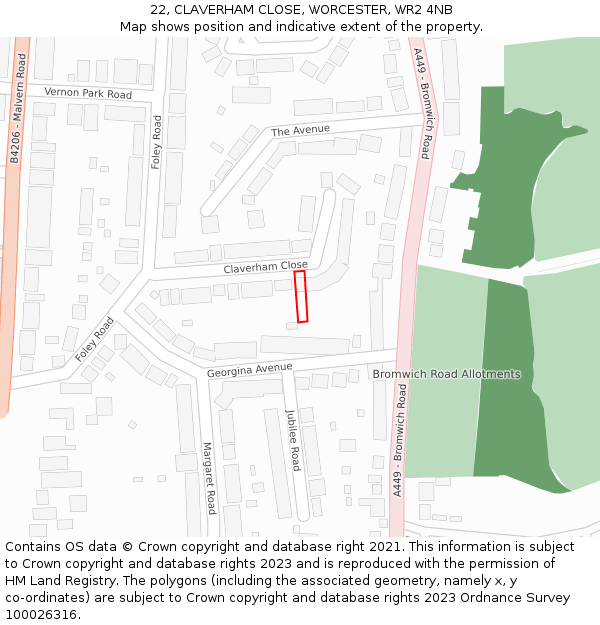 22, CLAVERHAM CLOSE, WORCESTER, WR2 4NB: Location map and indicative extent of plot
