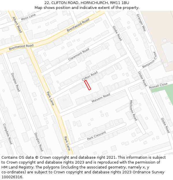 22, CLIFTON ROAD, HORNCHURCH, RM11 1BU: Location map and indicative extent of plot