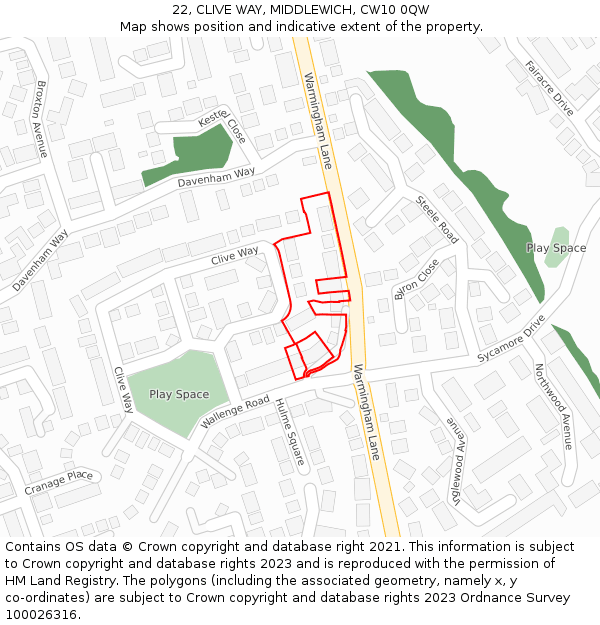 22, CLIVE WAY, MIDDLEWICH, CW10 0QW: Location map and indicative extent of plot
