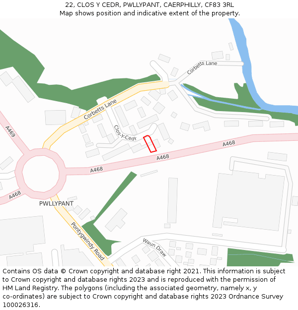 22, CLOS Y CEDR, PWLLYPANT, CAERPHILLY, CF83 3RL: Location map and indicative extent of plot