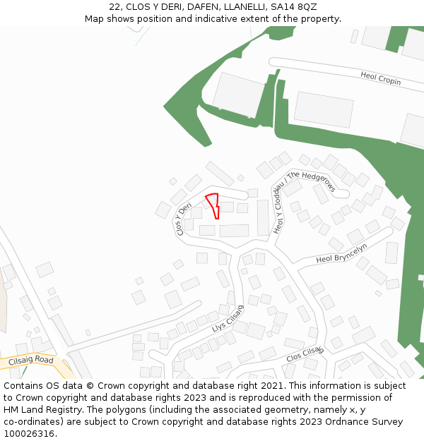 22, CLOS Y DERI, DAFEN, LLANELLI, SA14 8QZ: Location map and indicative extent of plot