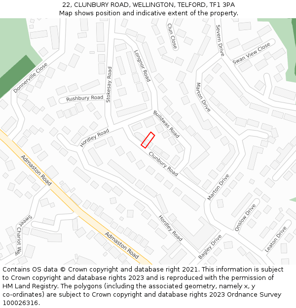 22, CLUNBURY ROAD, WELLINGTON, TELFORD, TF1 3PA: Location map and indicative extent of plot