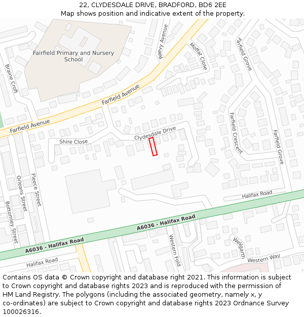 22, CLYDESDALE DRIVE, BRADFORD, BD6 2EE: Location map and indicative extent of plot