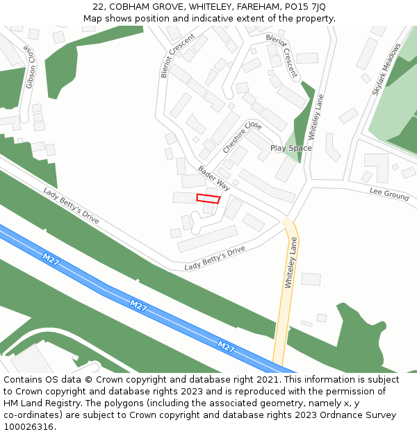 22, COBHAM GROVE, WHITELEY, FAREHAM, PO15 7JQ: Location map and indicative extent of plot
