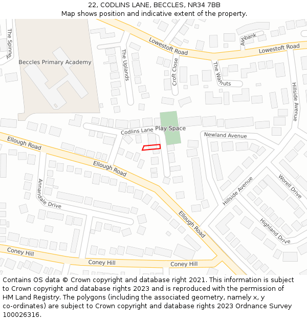 22, CODLINS LANE, BECCLES, NR34 7BB: Location map and indicative extent of plot