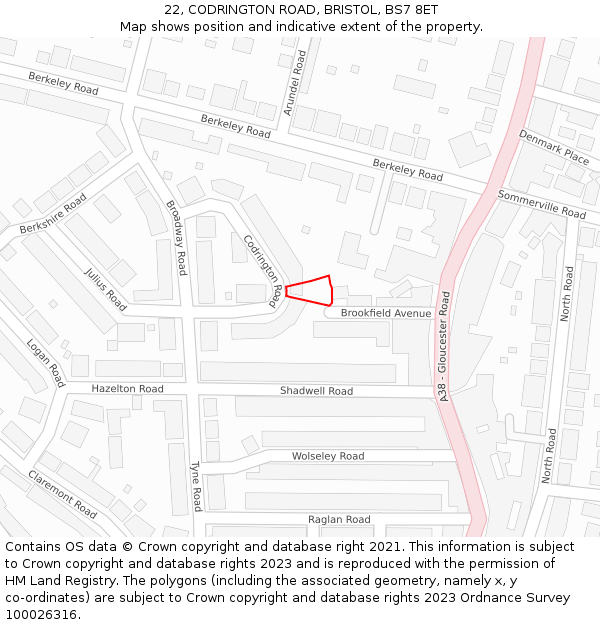 22, CODRINGTON ROAD, BRISTOL, BS7 8ET: Location map and indicative extent of plot