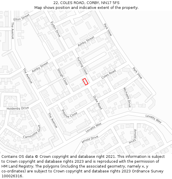 22, COLES ROAD, CORBY, NN17 5FS: Location map and indicative extent of plot