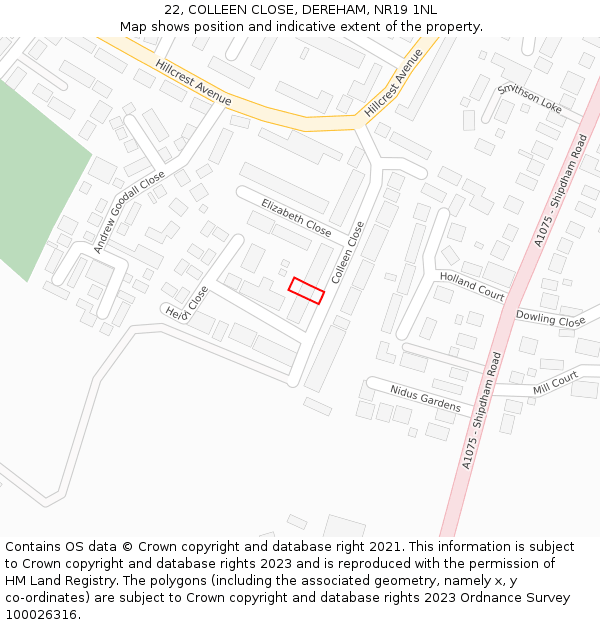 22, COLLEEN CLOSE, DEREHAM, NR19 1NL: Location map and indicative extent of plot