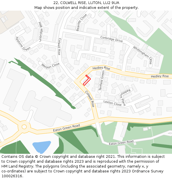 22, COLWELL RISE, LUTON, LU2 9UA: Location map and indicative extent of plot