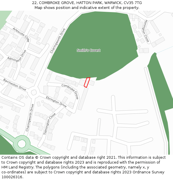 22, COMBROKE GROVE, HATTON PARK, WARWICK, CV35 7TG: Location map and indicative extent of plot