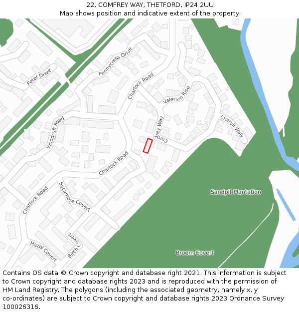 22, COMFREY WAY, THETFORD, IP24 2UU: Location map and indicative extent of plot