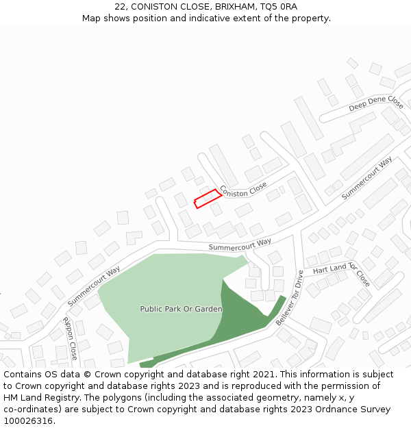 22, CONISTON CLOSE, BRIXHAM, TQ5 0RA: Location map and indicative extent of plot