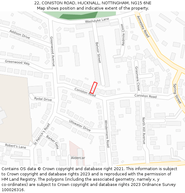 22, CONISTON ROAD, HUCKNALL, NOTTINGHAM, NG15 6NE: Location map and indicative extent of plot