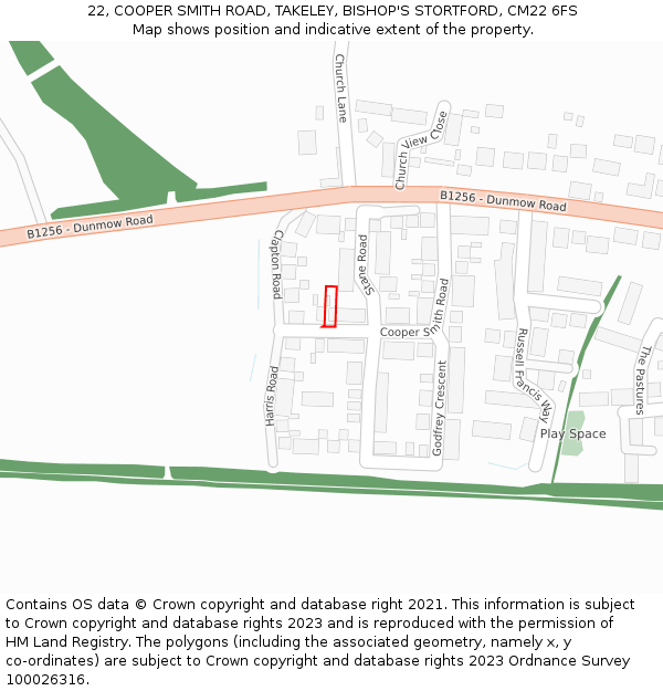 22, COOPER SMITH ROAD, TAKELEY, BISHOP'S STORTFORD, CM22 6FS: Location map and indicative extent of plot