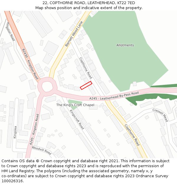 22, COPTHORNE ROAD, LEATHERHEAD, KT22 7ED: Location map and indicative extent of plot