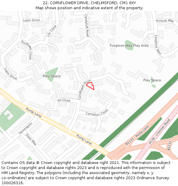 22, CORNFLOWER DRIVE, CHELMSFORD, CM1 6XY: Location map and indicative extent of plot