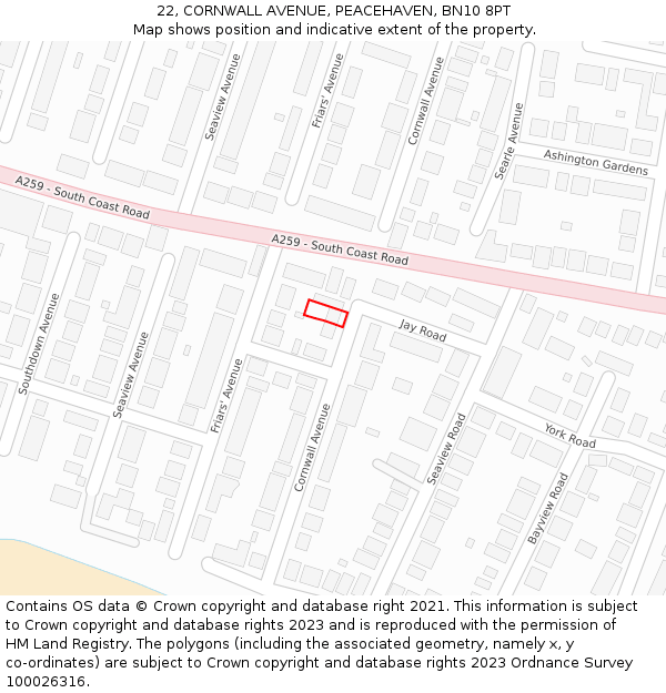 22, CORNWALL AVENUE, PEACEHAVEN, BN10 8PT: Location map and indicative extent of plot