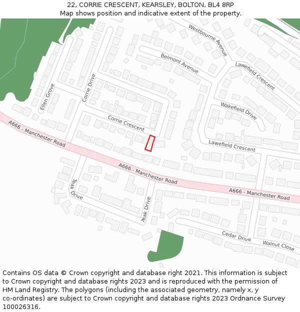 22, CORRIE CRESCENT, KEARSLEY, BOLTON, BL4 8RP: Location map and indicative extent of plot