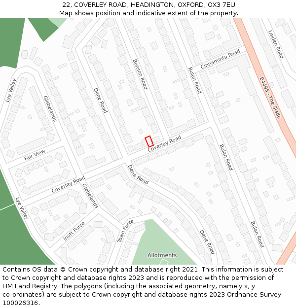 22, COVERLEY ROAD, HEADINGTON, OXFORD, OX3 7EU: Location map and indicative extent of plot