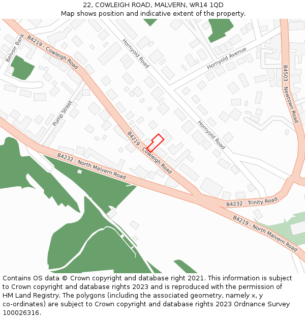 22, COWLEIGH ROAD, MALVERN, WR14 1QD: Location map and indicative extent of plot