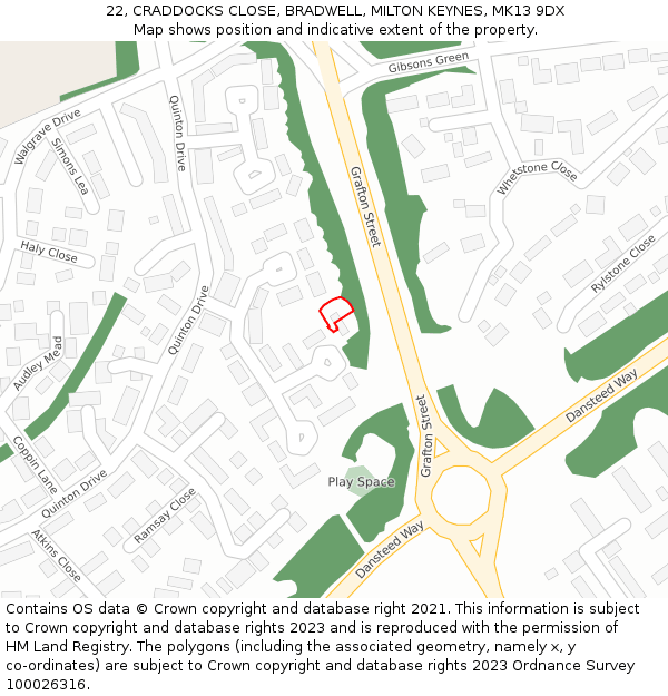 22, CRADDOCKS CLOSE, BRADWELL, MILTON KEYNES, MK13 9DX: Location map and indicative extent of plot