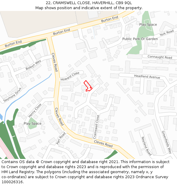 22, CRAMSWELL CLOSE, HAVERHILL, CB9 9QL: Location map and indicative extent of plot