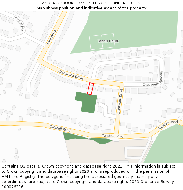 22, CRANBROOK DRIVE, SITTINGBOURNE, ME10 1RE: Location map and indicative extent of plot