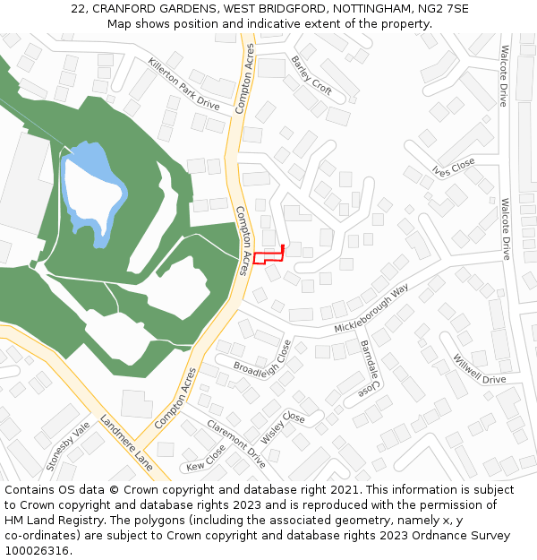22, CRANFORD GARDENS, WEST BRIDGFORD, NOTTINGHAM, NG2 7SE: Location map and indicative extent of plot