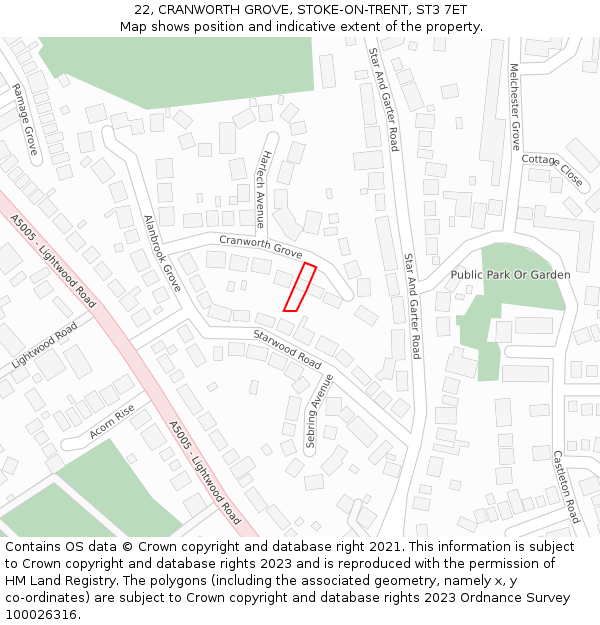 22, CRANWORTH GROVE, STOKE-ON-TRENT, ST3 7ET: Location map and indicative extent of plot