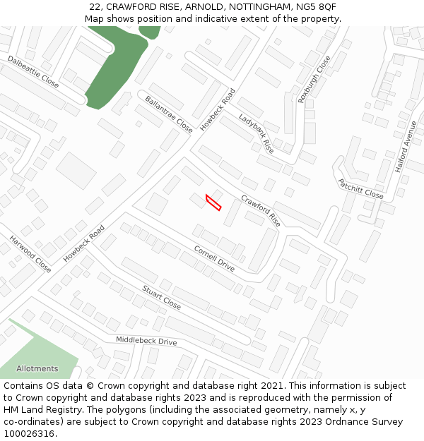 22, CRAWFORD RISE, ARNOLD, NOTTINGHAM, NG5 8QF: Location map and indicative extent of plot