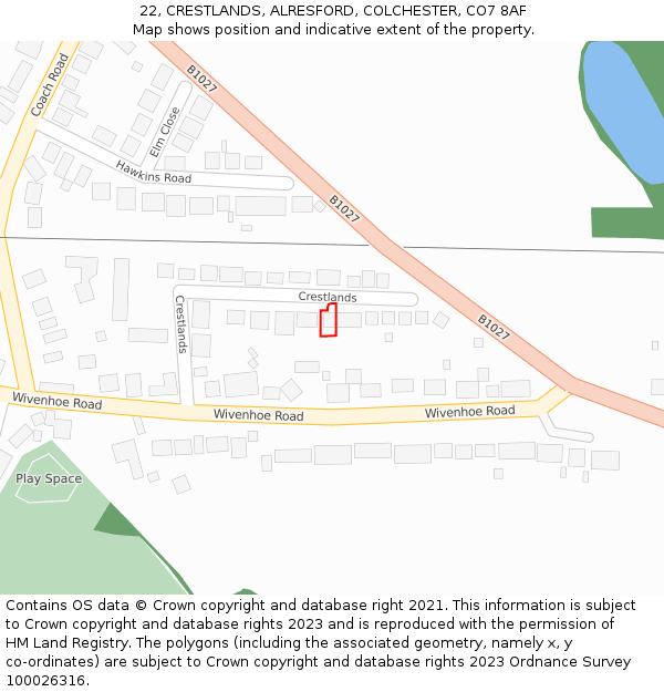 22, CRESTLANDS, ALRESFORD, COLCHESTER, CO7 8AF: Location map and indicative extent of plot