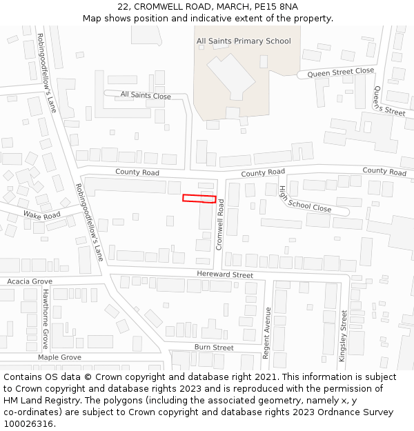 22, CROMWELL ROAD, MARCH, PE15 8NA: Location map and indicative extent of plot