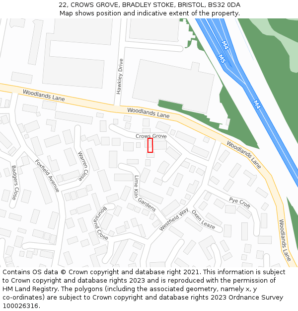 22, CROWS GROVE, BRADLEY STOKE, BRISTOL, BS32 0DA: Location map and indicative extent of plot