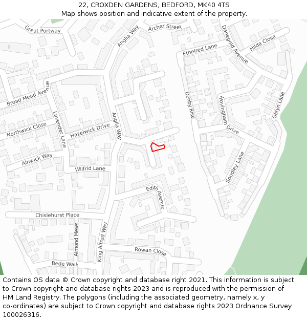 22, CROXDEN GARDENS, BEDFORD, MK40 4TS: Location map and indicative extent of plot