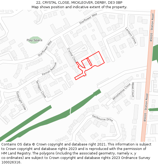 22, CRYSTAL CLOSE, MICKLEOVER, DERBY, DE3 0BP: Location map and indicative extent of plot