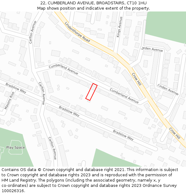 22, CUMBERLAND AVENUE, BROADSTAIRS, CT10 1HU: Location map and indicative extent of plot