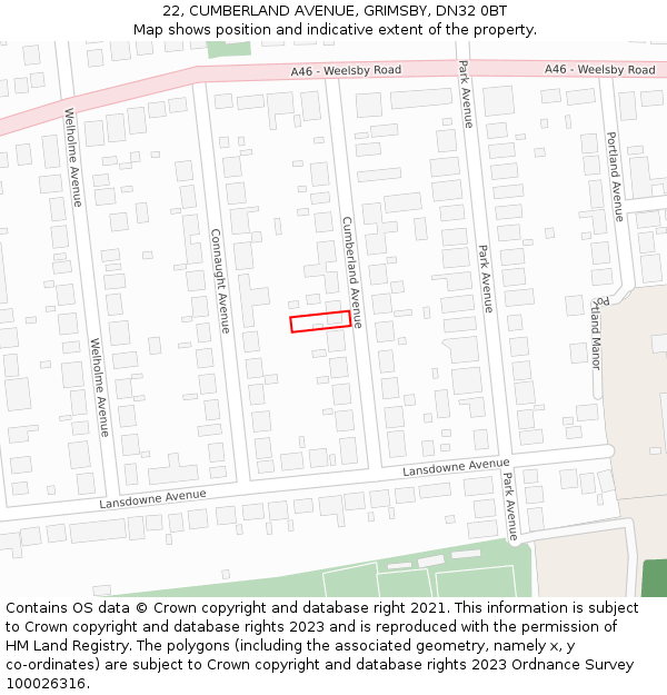 22, CUMBERLAND AVENUE, GRIMSBY, DN32 0BT: Location map and indicative extent of plot