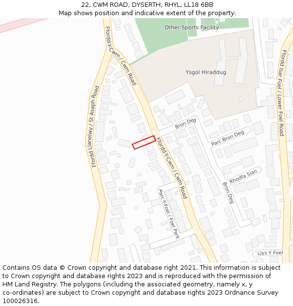 22, CWM ROAD, DYSERTH, RHYL, LL18 6BB: Location map and indicative extent of plot