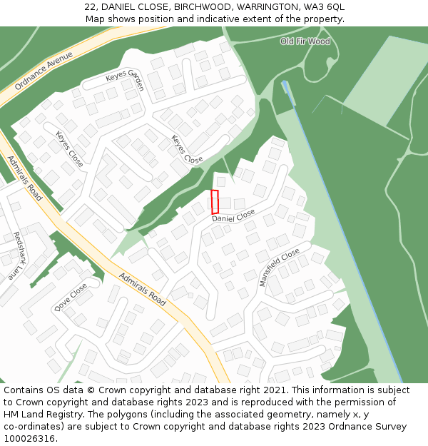 22, DANIEL CLOSE, BIRCHWOOD, WARRINGTON, WA3 6QL: Location map and indicative extent of plot