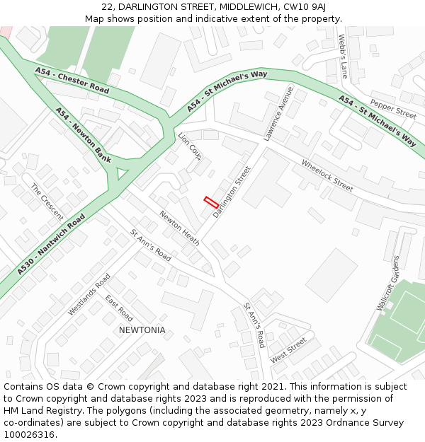 22, DARLINGTON STREET, MIDDLEWICH, CW10 9AJ: Location map and indicative extent of plot