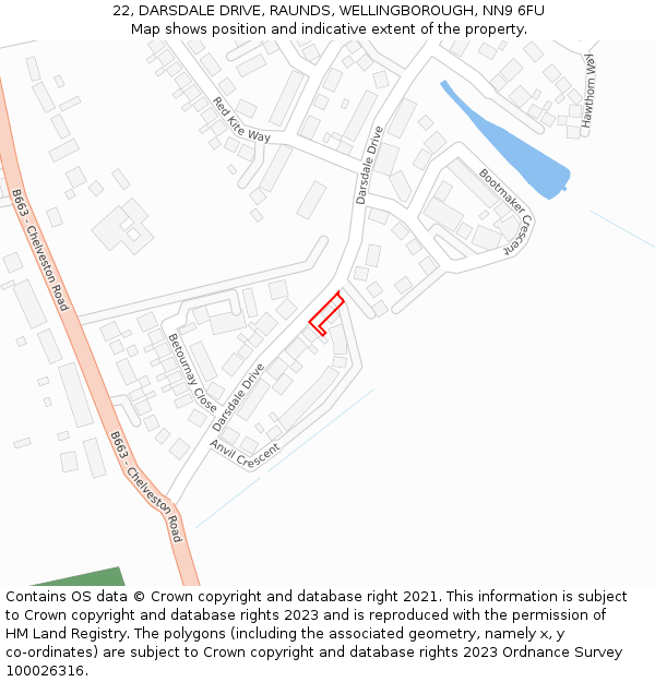 22, DARSDALE DRIVE, RAUNDS, WELLINGBOROUGH, NN9 6FU: Location map and indicative extent of plot