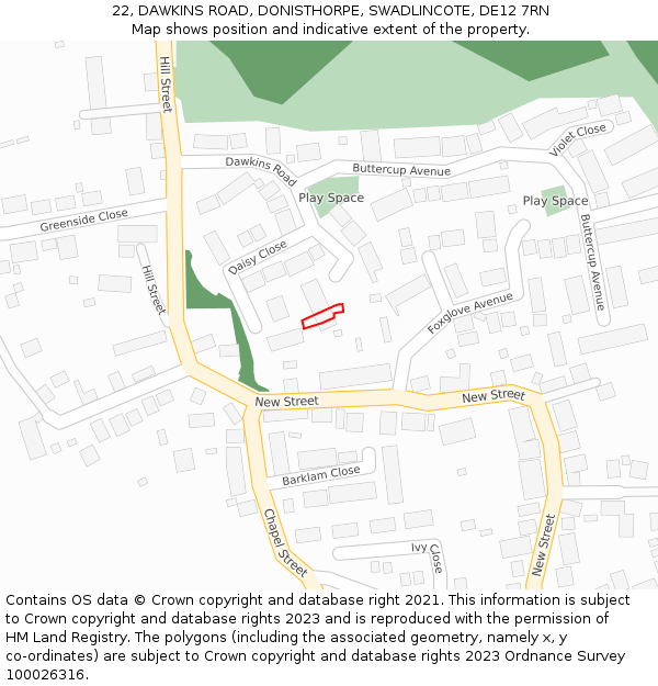 22, DAWKINS ROAD, DONISTHORPE, SWADLINCOTE, DE12 7RN: Location map and indicative extent of plot