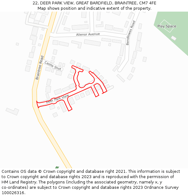 22, DEER PARK VIEW, GREAT BARDFIELD, BRAINTREE, CM7 4FE: Location map and indicative extent of plot