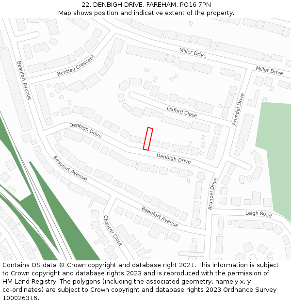 22, DENBIGH DRIVE, FAREHAM, PO16 7PN: Location map and indicative extent of plot