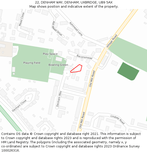 22, DENHAM WAY, DENHAM, UXBRIDGE, UB9 5AX: Location map and indicative extent of plot