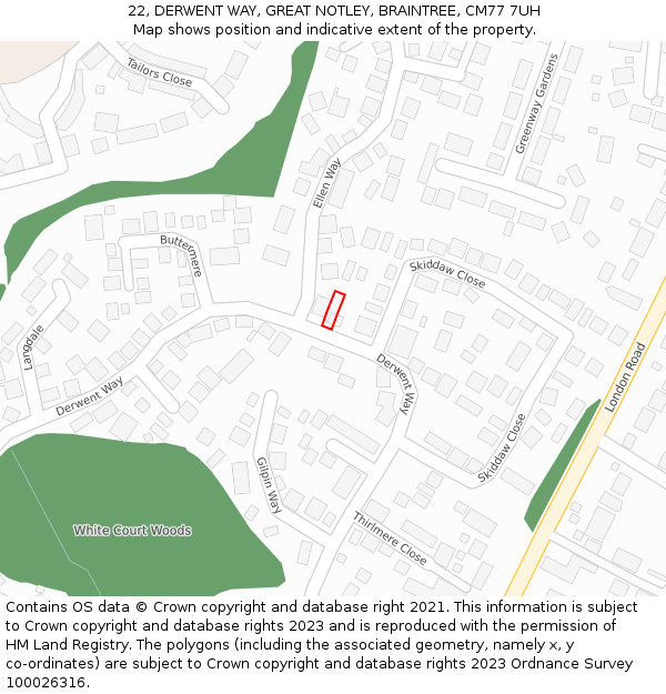 22, DERWENT WAY, GREAT NOTLEY, BRAINTREE, CM77 7UH: Location map and indicative extent of plot